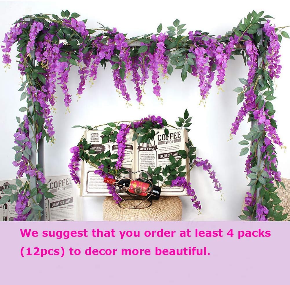 LESHABAYER 5.6 Feet/pcs Artificial Silk Wisteria Vine Rattan Hanging Flower Garland Ivy Plants for Outdoor Wedding Party Home Garden Wall Decoration,Pack of 4 (Purple) - Image 3