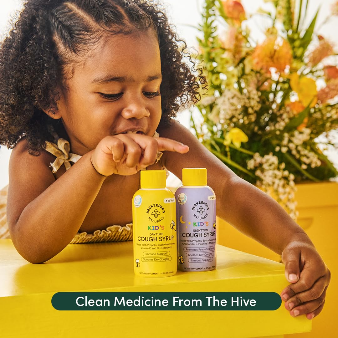 Beekeeper's Naturals Propolis Honey Cough Syrup Daytime for Kids Immune Support with Elderberry, Vitamin C, Vitamin D & Raw Honey - Throat Soothing - Gluten Free & Clean Ingredients, 4 oz.