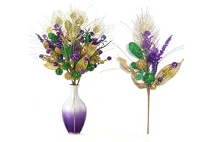 TEMPUS 6Pcs Mardi Gras Picks Decorations 18 Inch Purple Green Gold Christmas Floral Picks and Sprays Artificial Twig Branch Table Centerpiece Decor for Tree Topper Arrangement Wreath Party