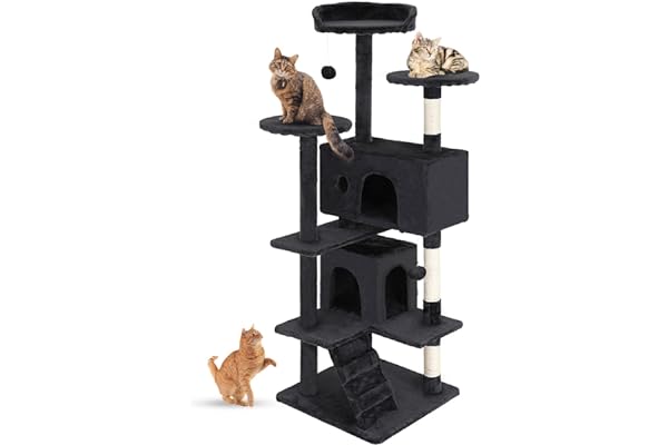 A tall, multi-level cat tree with scratching posts.
