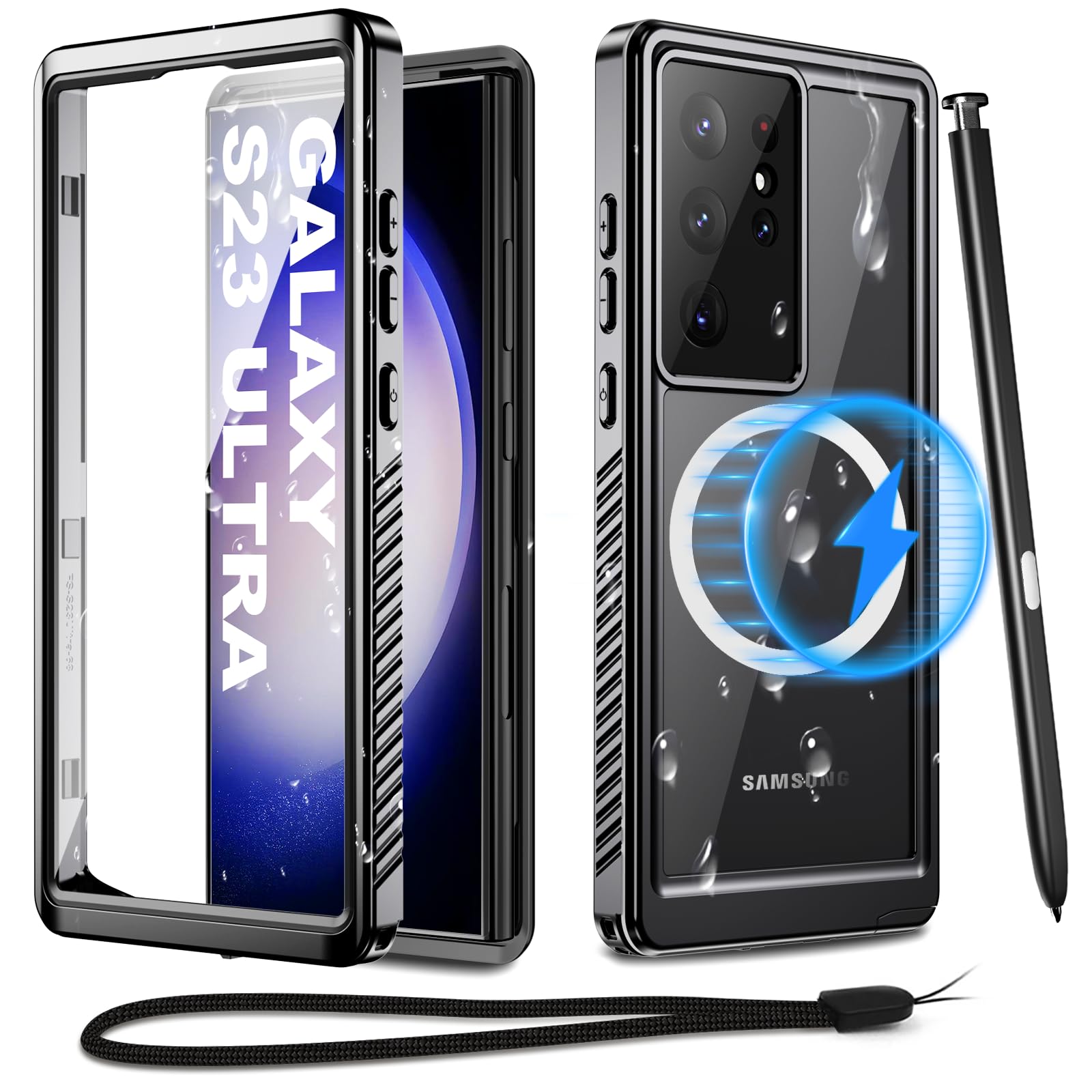 Photo 1 of Haireca for Samsung Galaxy S23 Ultra Waterproof Case with Magsafe, Built-in Magnetic & Screen Protector, IP68 Certified Full Body Shockproof, for Water Sports Underwater Photography, 6.8" Black