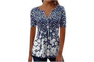ATTINE Oversized Graphic Tees for Womens, Womens Floral Summer Henley Top Short Sleeve Shirts O Neck Hide Belly Tunic Tops