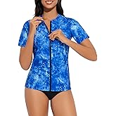 Bonneuitbebe Women's Rash Guard Short Sleeve Swim Shirts Zip Front Rashguard Swimsuit UPF 50+ Swim Tops No Bra & Pocket