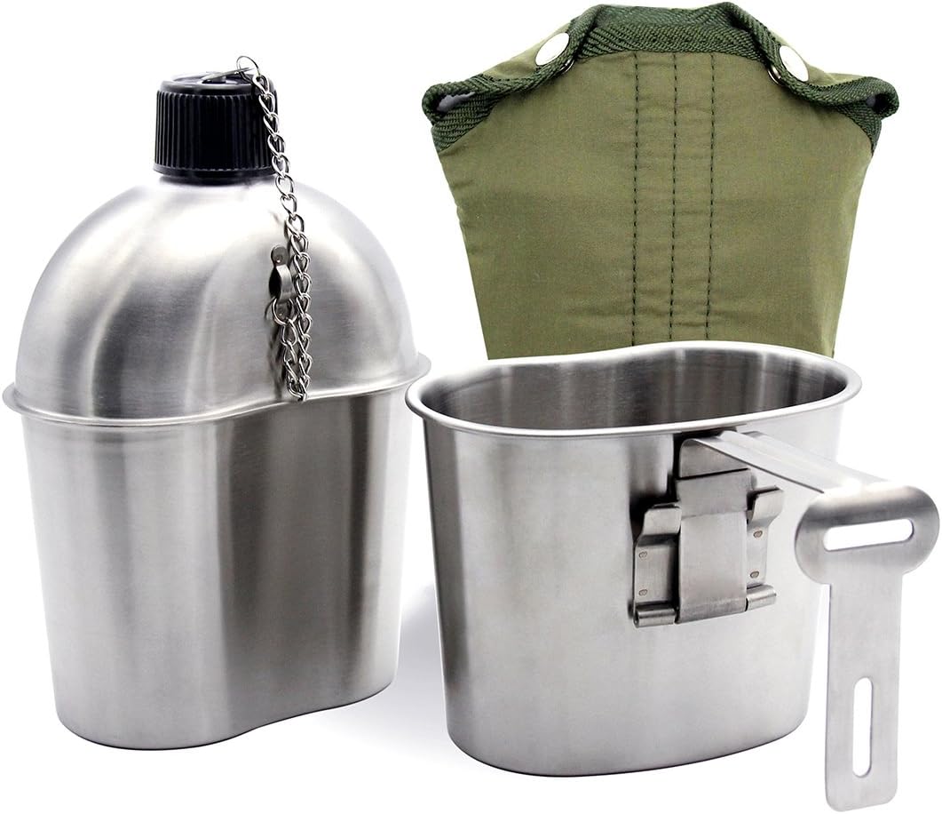 Latinaric 1QT Portable Water Bottle Stainless Steel Military Canteen with 0.5QT Cup Green Bag Outdoor Sport Camping Hiking Travel