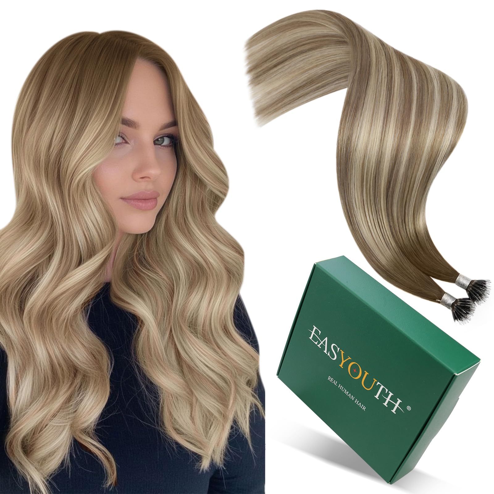 Easyouth Nano Extensions Real Human Hair Ombre Nano Ring Hair Extension Brown to Medium Brown Mixed Blonde Nanoring Extensions Long Straight for Volume 24 Inch 50g/50s #3/8/22