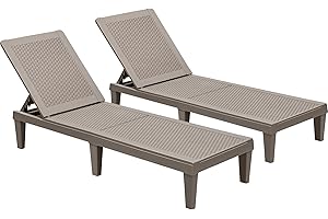 GUNJI Lounge Chairs for Outside Patio Waterproof Resin Chaise Lounge Outdoor Adjustable Lounge Chairs Set of 2 Pool Chairs Sun Loungers for Deck, Poolside and Beach (Beige)