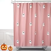 Mindsoft Halloween Ghost Shower Curtain, 72 x 72 Inch Cotton Spooky Cute Funny Shower Curtain with 12 Hooks for Halloween Bathroom Ghost Bathtub Vintage Gothic Horror Decor(Pink)