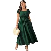 ShopWonder Women Plus Size Boho Maxi Dress Short Sleeves High Waist Ruffle Casual Summer Dress with Pockets
