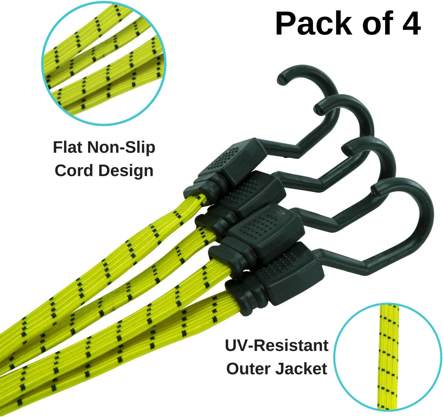 Houseables Bungee Cords with Hooks, Bungie Straps, 4 Pack, 48 Inch Long, Yellow, Flat, Premium Rubber, Bungy Chords, Adjustable, Long Bungi Rope for Dolly, Upcart, Car Trunk, Camping, Luggage, Moving: Automotive