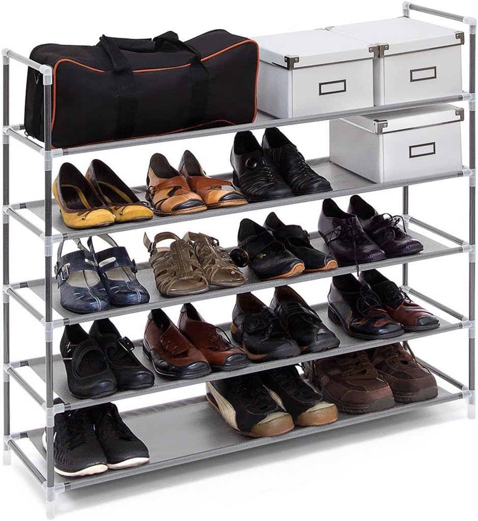 ASSICA 5 Tiers Shoe Rack Space Saving 25 Pairs Fabric Shoe Shelf/Shoe Storage Organizer Stand Cabinet Bench Stackable 33.5" x 11 .8" x 35.8" (Grey)