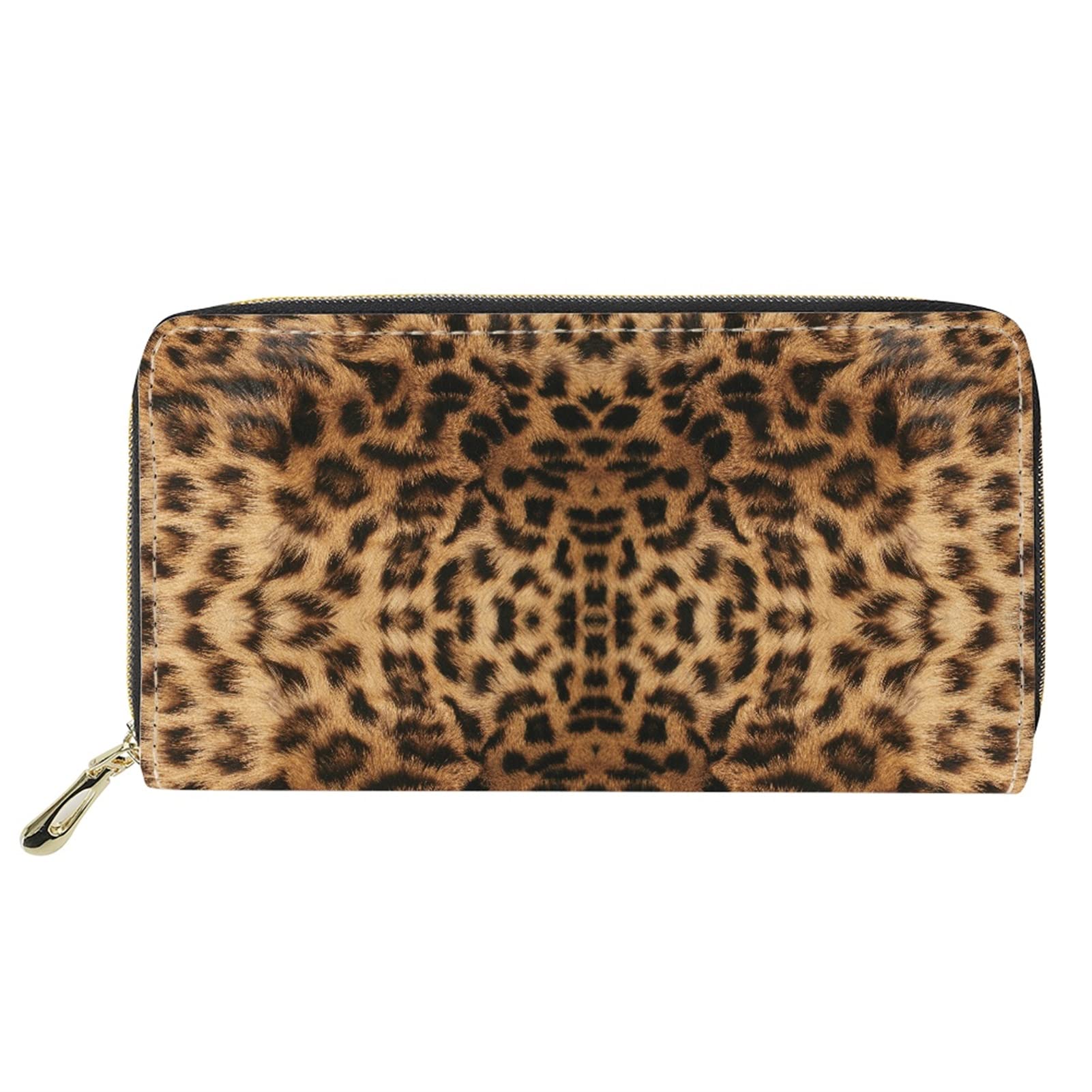 Dolyues Black Brown Leopard Pattern Women Long Pu Leather Credit Card Wallet,Zipper Clutch Purse with Coin Bags