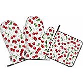 Samgula Red Cherry Oven Mitts and Pot Holders Sets Bright Cartoon Fruit Vibrant Heat Resistant 3pcs for Cooking Baking BBQ