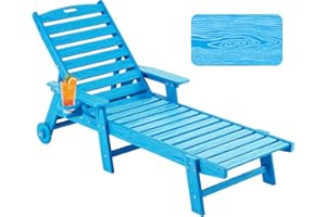 Serique Chaise Lounge Chair Outdoor with Wheels, Oversize Patio Lounge Chairs with Wood Texture, 5-Position Plastic Lounge Chairs for Poolside, Patio, Deck, Beach(Pacific Blue)