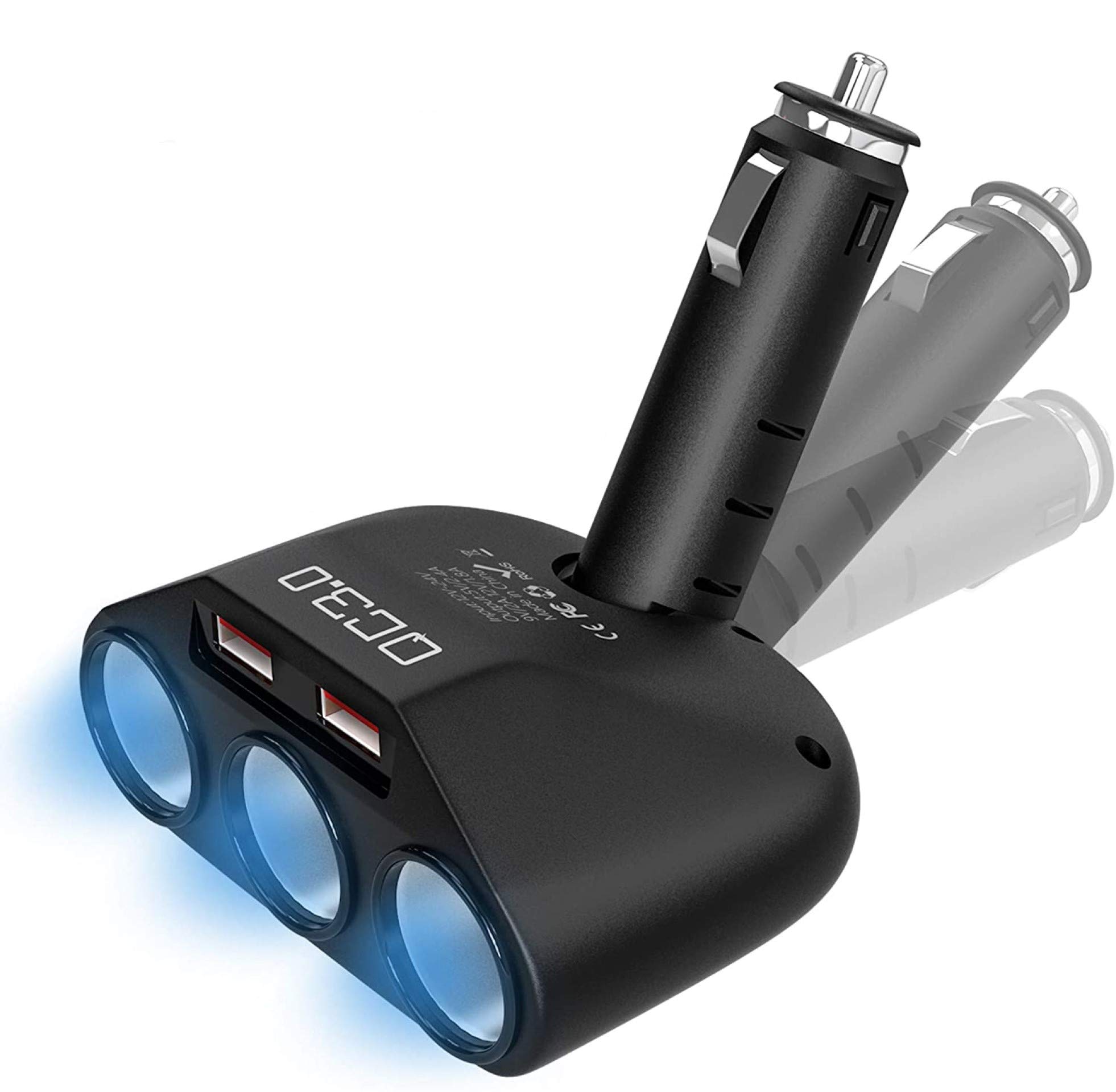Cateck Car Cigarette Lighter Adapter with 3 Sockets 120W，Car Charger with Dual QC3.0 USB Ports Output 5V 2.4A for Smart Phones/GPS/Vehicle Devices
