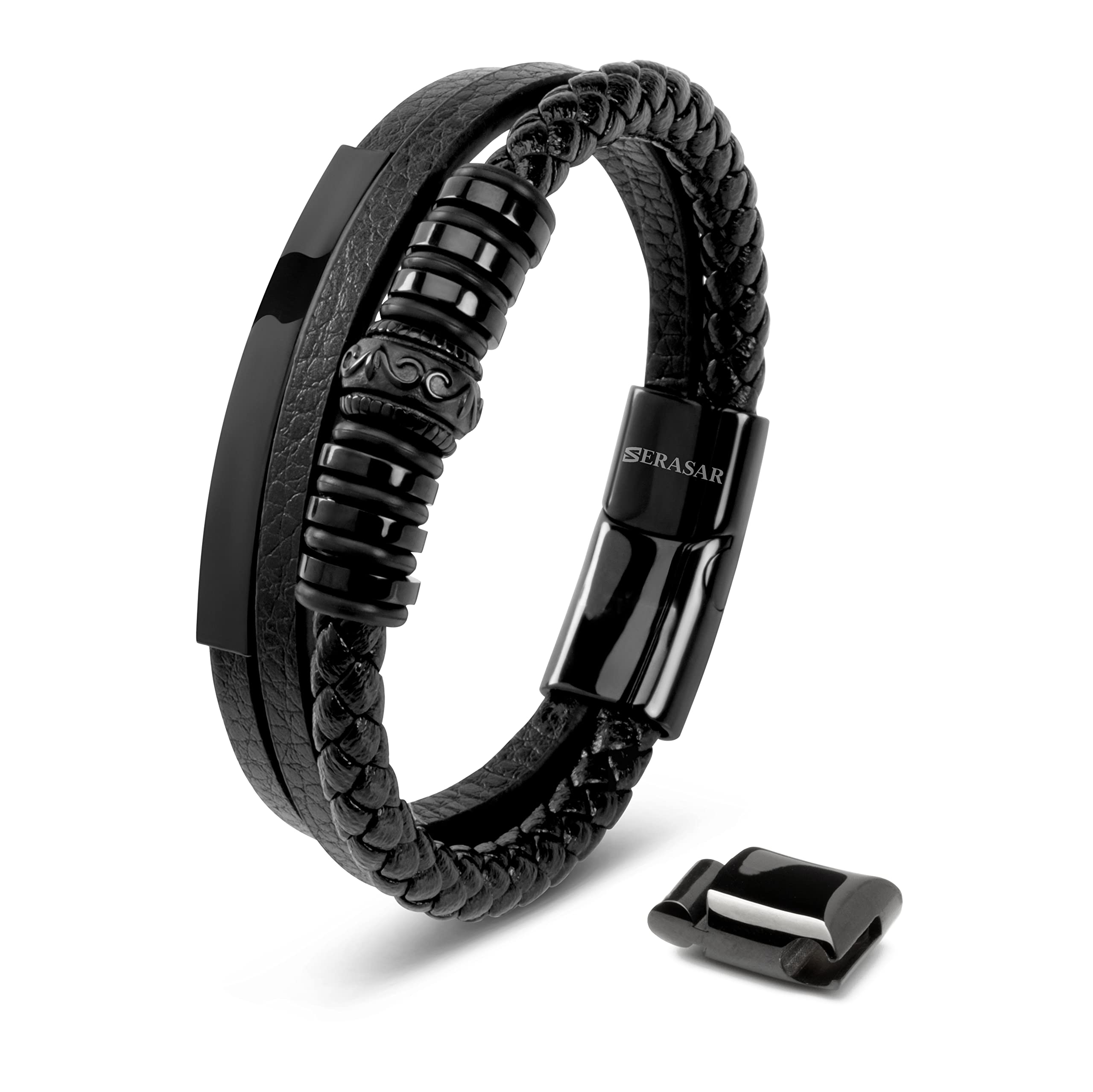 SERASAR Mens Leather Bracelet 20cm Black Men GiftBox Genuine Braided AdjustAble Magnetic Clasp MultiLayer Wrap Rope Mans Bracelets Jewelry Magnet Accessories