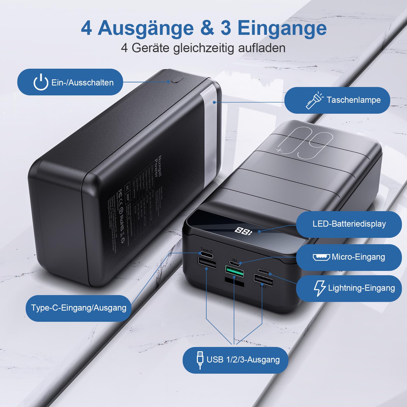 Powerbank 60000mAh, 22,5W PD USB-C Schnellladegerät, Externer Akku mit LED-Anzeige, Power Bank 4 Ausgängen und 3 Eingängen, kompatibel mit iPhone, Tablets, Android und mehr Schwarz 5