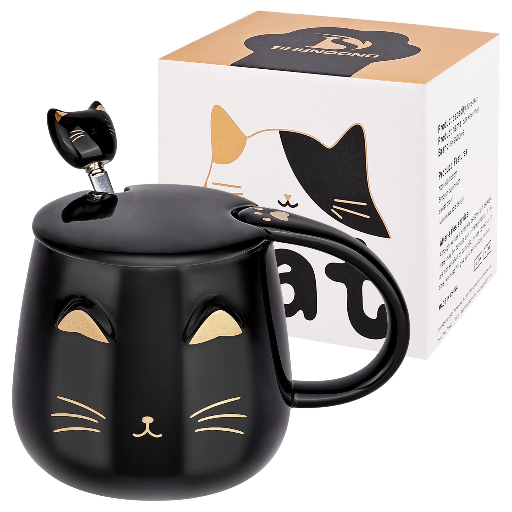 SHENDONG Black Cat Mug Cute Ceramic Coffee Cup with Kawaii Lid and Lovely Stainless Steel Spoon Novelty Morning Cup Coffee Milk Tea Mugs - 3D Animal Mugs for Cat Lovers Women Gifts(Black)