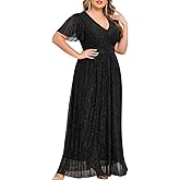 ZOMVA Plus Size Maxi Formal Dress Sparkly V-Neck A-line Ruffle Sleeves Evening Gown Cocktail Prom Lace