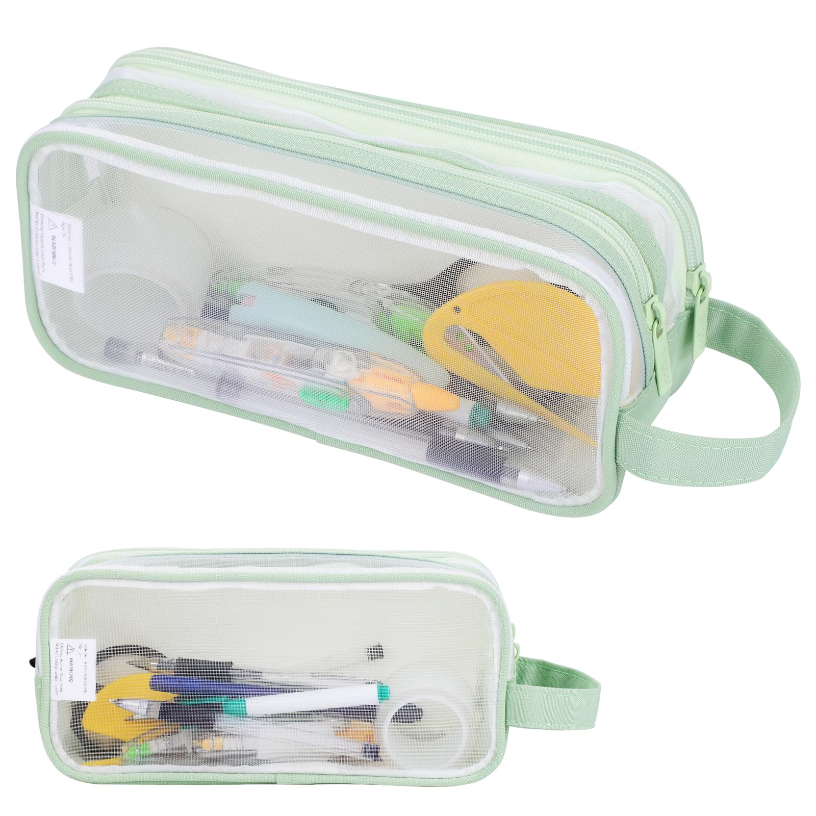 Lancry Clear Pencil Case, Large See Through with 2 Compartments for Boys, Girls & Women, Transparent Mesh Pouch for Stationery, Makeup, Travel & Office Supplies (Green)