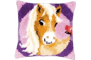 DL-YTG Latch Hook Kits Pillow Horse Crochet Yarn Cushion Colour Pre-Printed Canvas Rug Needlework DIY Pillowcase Hook and Latch Kit Arts Crafts Christmas Home Sofa Decoration 42x42cm/17 X17