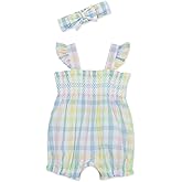Little Me Clothes for Baby Girls' 100% Cotton Woven Bubble Romper and Headband Set, 3 to 12 Months
