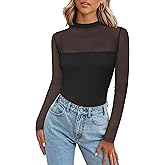 Zeagoo Long Sleeve Shirts for Women's Lace Tops Mesh Sheer Crew Neck Shirts Sexy Spring Going Out Blouse