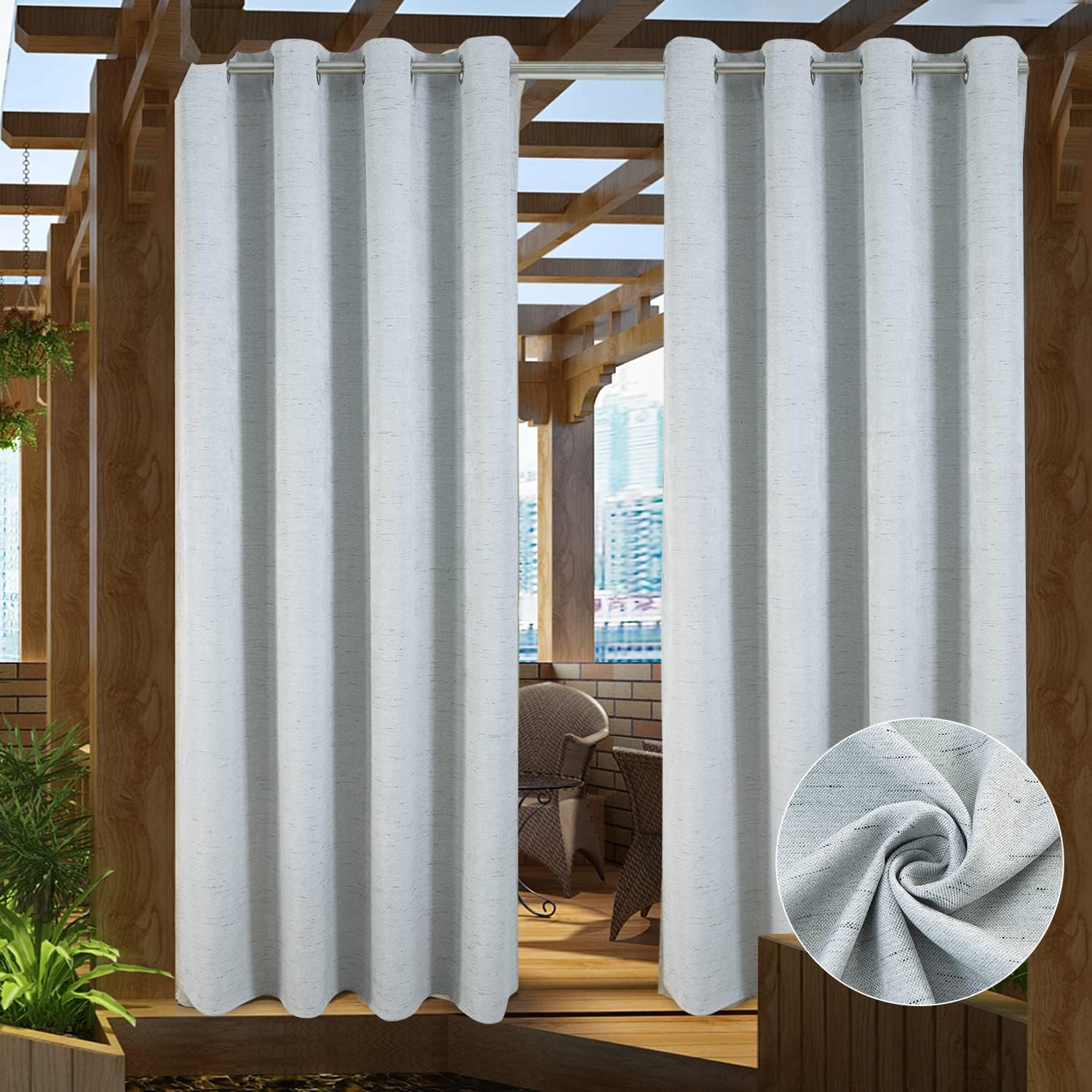Outdoor Curtains - PRAVIVE Grey Blackout Outdoor Curtains - Waterproof Linen Drapes for Patio Weighted Blinds & Shades Privacy Screen Porch Curtains for Gazebo/Pergola with Ring Top, 52