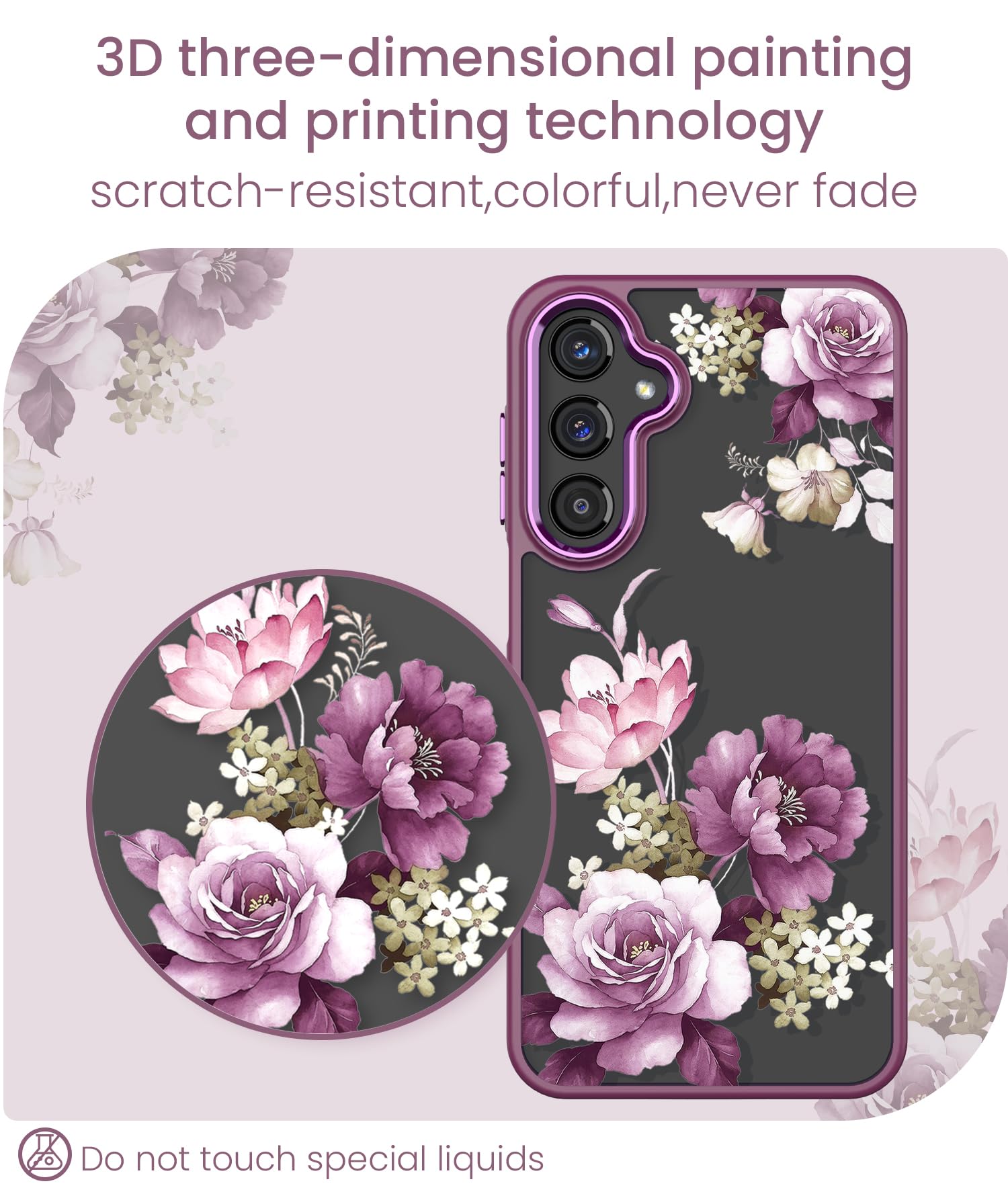 for Samsung Galaxy A16 5G Case+Tempered Glass Screen Protector,Military Grade Protective Slim Soft TPU + Hard PC,Girls Women Crystal Clear Flower Pattern Case Cover for Galaxy A16 5G-Purple