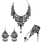 Halloween Black Choker Earrings Bracelet Set Witch Costume Women Gothic Accessories Vintage Goth Jewelry Set Black Ring Gloves Vampire Choker Necklace Halloween Costume