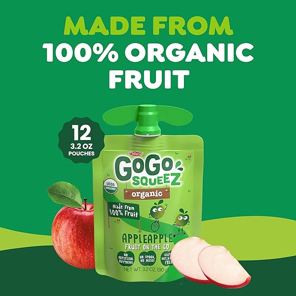 GOGO SQUEEZ ORGANIC APPLESAUCE AND FRUIT PUREE, APPLE APPLE, 3.2 OZ (PACK OF 12), UNSWEETENED ORGANIC FRUIT SNACKS FOR KIDS, GLUTEN FREE, NUT FREE AND DAIRY FREE, RECLOSEABLE CAP, BPA FREE POUCHES