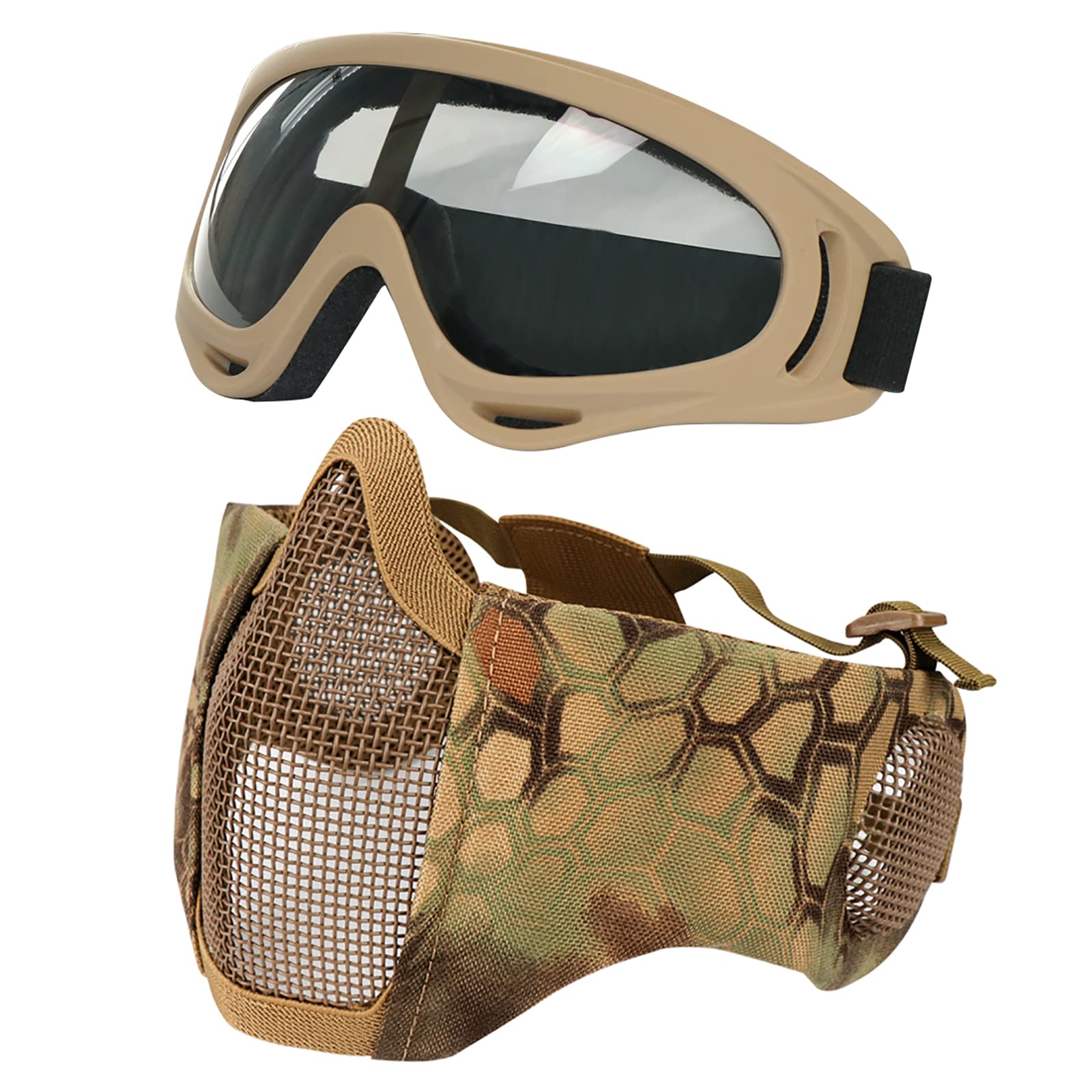 Airsoft Protective Gear Set, Half Face Mesh Masks with Ear Protection and Goggles Set for CS/Hunting/Paintball/Shooting (MA)