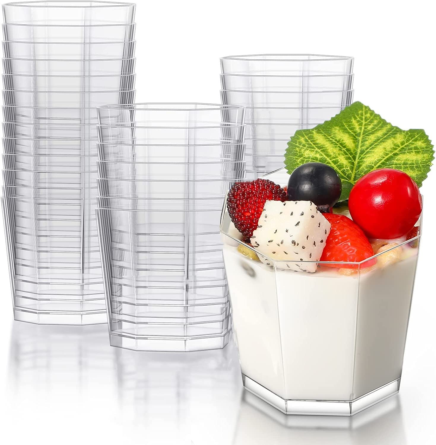 LATERN 50Pcs Plastic Dessert Cups, 160ml Octagon Dessert Cups Clear Parfait Appetizer Cup Reusable Serving Bowl for Dessert Pudding Mousse Party (7.2 x 6.5cm)