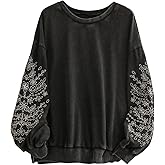 SOLY HUX Women's Plus Size Acid Wash Sweatshirt Graphic Embroidered Vintage Long Sleeve Pullover Tops Casual Streetwear