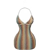 RoseSeek Women's Herringbone Embroidery Boho Halter Mini Dress Tie Backless Bodycon Dresses