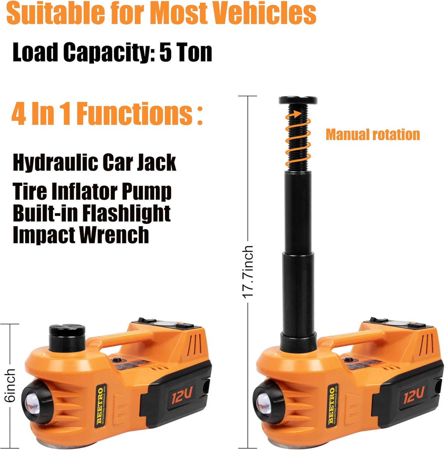 Amazon Com Beetro 5 Ton Lbs Electric Hydraulic Car Jack With Impact Wrench And Tire Inflator Pump 4 In 1 12v Electric Floor Jack For An Emergency Tire Change Lifting Range 6 To 17 7 Inch Automotive