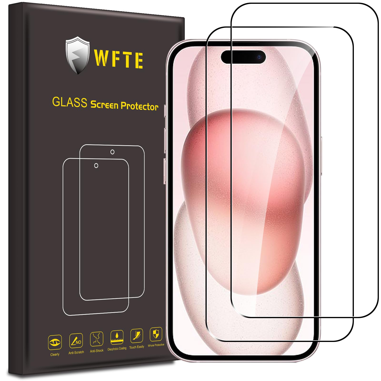 WFTE 2-Pack Tempered Glass for iPhone 15/iPhone 15 Pro Screen Protector,9H Hardness,Anti-Scratch,Anti-Fingerprint,Bubble-Free,HD Clear,Premium Protective Film for iPhone 15,Case Friendly