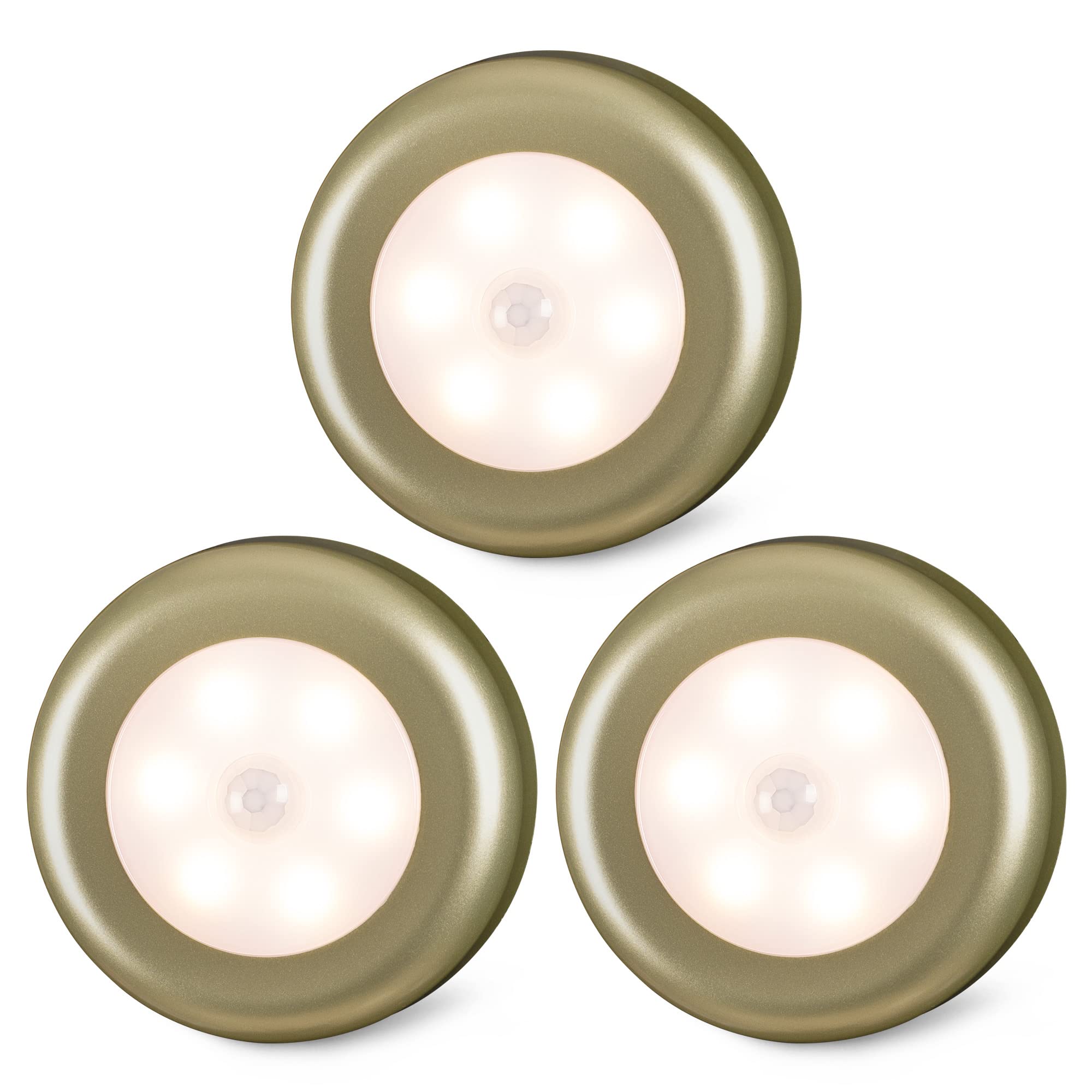 Photo 1 of STAR-SPANGLED 3 Pack 2.8” Motion Sensor Lights Indoor AAA Battery Operated, Stick on LED Puck Light for Stairs, Under Cabinet, Closet (Golden, Warm White)