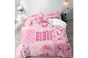 LUVIVIHOME 3PCS Disco Cowgirl Duvet Cover Full Bedding Set, Preppy Bedding, Teen Girl Bedding, Western Cowboy Cowgirl Boots Hat Howdy Hot Pink Comforter Quilt Cover, College Dorm Decor, 2 Pillow Shams