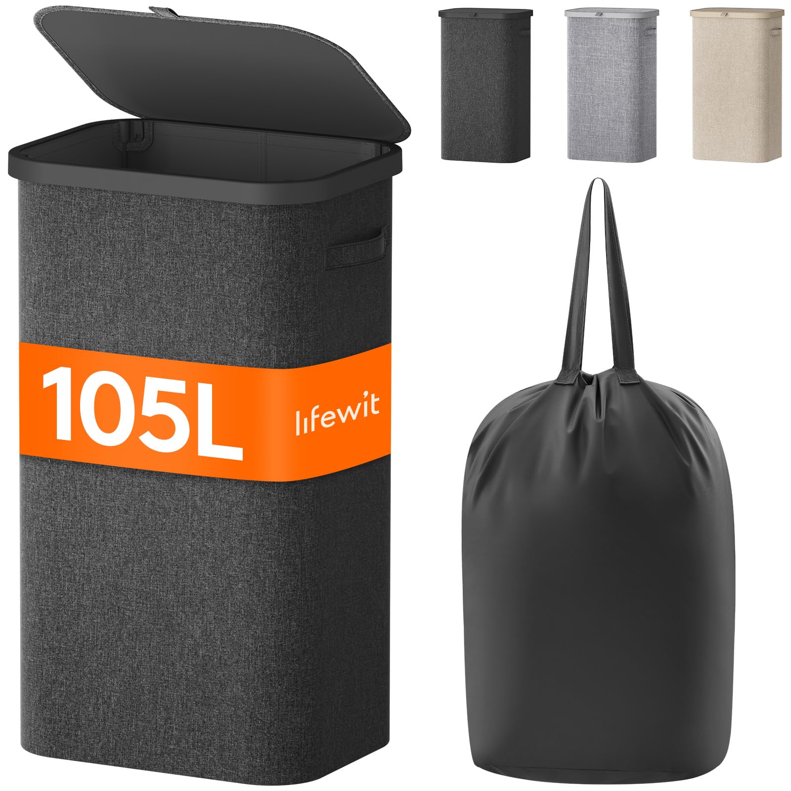 Photo 1 of Lifewit 105L Laundry Basket with Lid, Large Laundry Hamper with Plastic Handles and Removable Bag, Foldable Tall Dirty Clothes Hampers for Laundry for Laundry Room, Bedroom, Bathroom, Dorm, Dark Gray