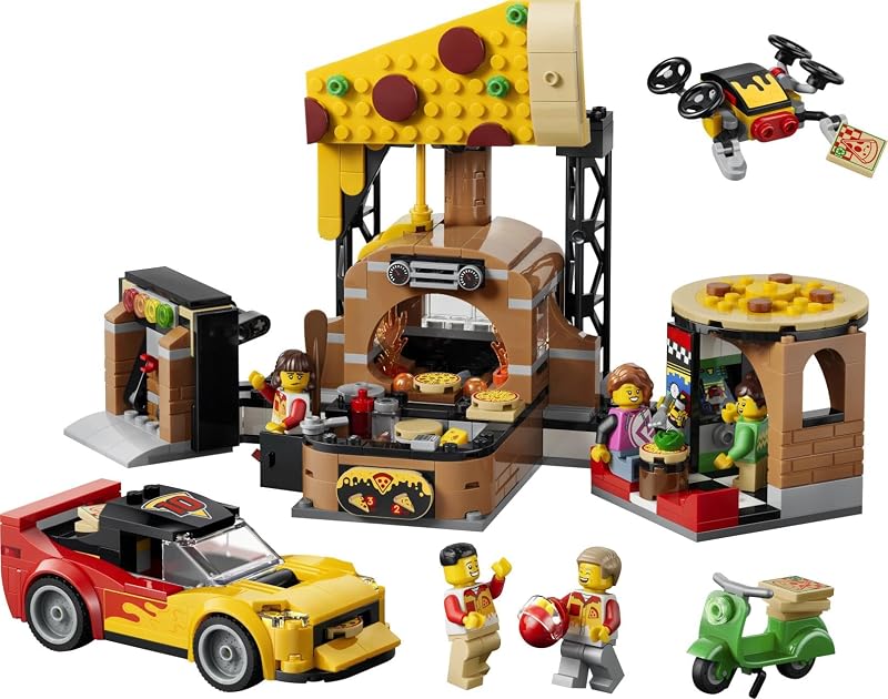 City La Pizzeria et Ses Véhicules de Livraison - Jeu de Construction - Jouet Voiture, Scooter, Drone, Borne d’Arcade & 4 Minifigurines - Idée de Cadeau d'anniversaire pour Garçon dès 6 Ans 60496 — photo 2 sur 8