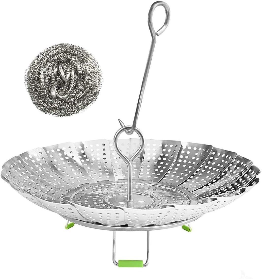 Vegetable Steamer Basket,Stainless Steel Folding Steamer Basket Insert for Cooking Veggies/Fish Seafood/Boiled Eggs with Safety Tool,Adjustable Sizes to fit Various Pots(5.5" to 9")