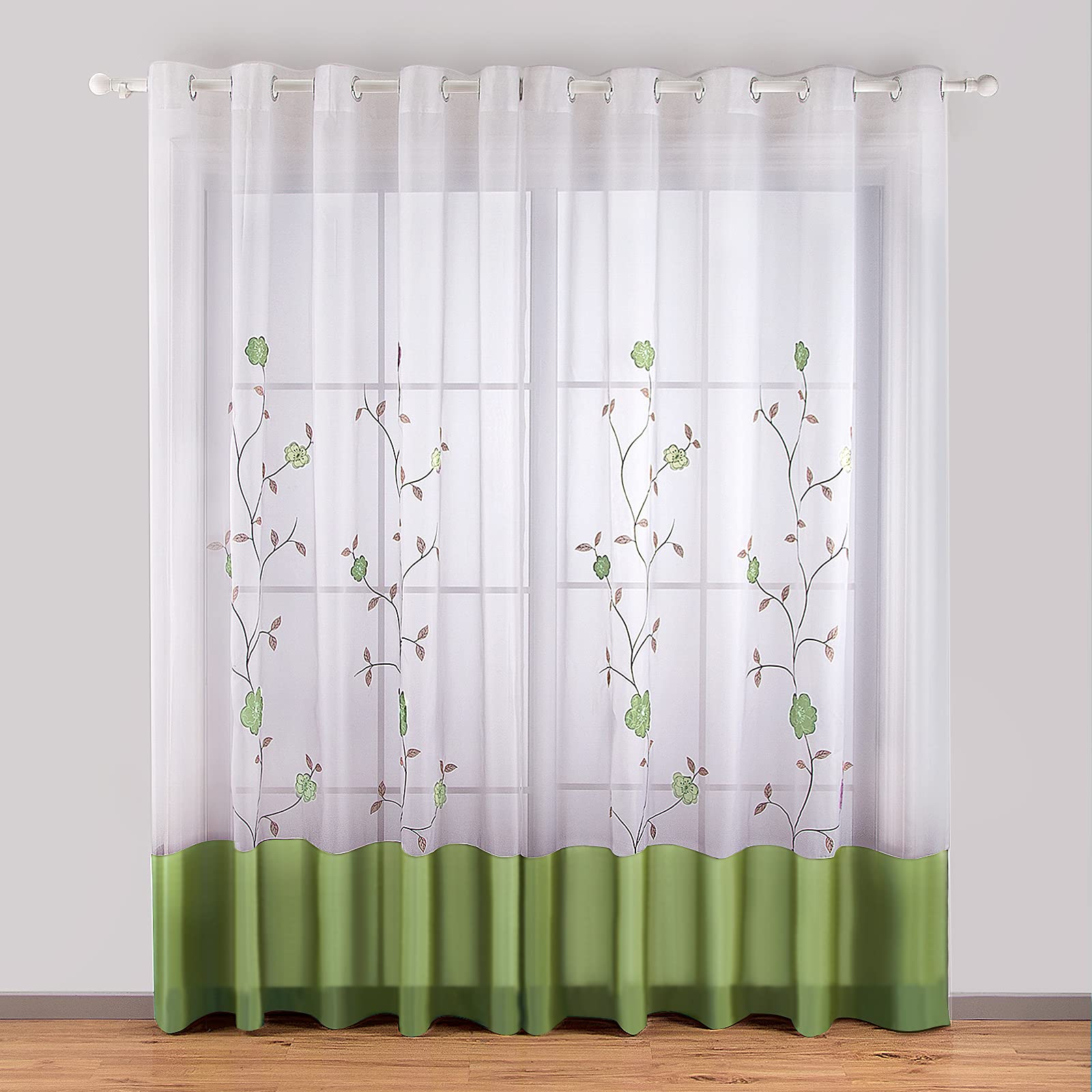 SIMPVALE Voile Curtains Panel Semi Transparent Sheer Window Net Curtains Floral Embroidered Drape with Eyelet for Living room Bedroom Kitchen Balcony, 1 Panel, 55"(Width) x 98"(Drop), Green