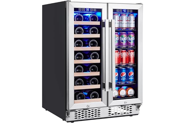 24 Inch Wine and Beverage Refrigerator, Dual Zone Wine Cooler with Glass Door Hold 20 Bottles and 78 Cans, Built in or Under Counter Wine Cooler Refrigerator with Blue LED Light, Safe Lock