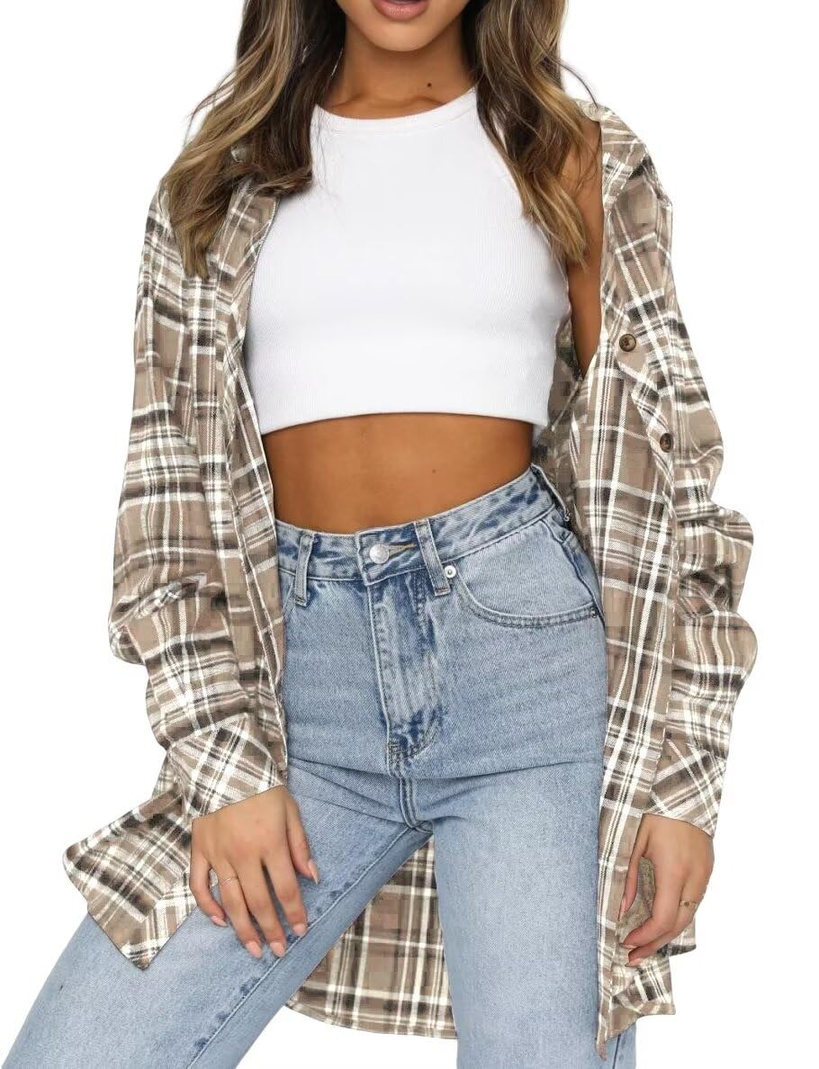 Photo 1 of LEEDYA Women Flannel Shirts Long Sleeve Button Down Buffalo Plaid Blouse Top Coats Apricot Apricot 2XL