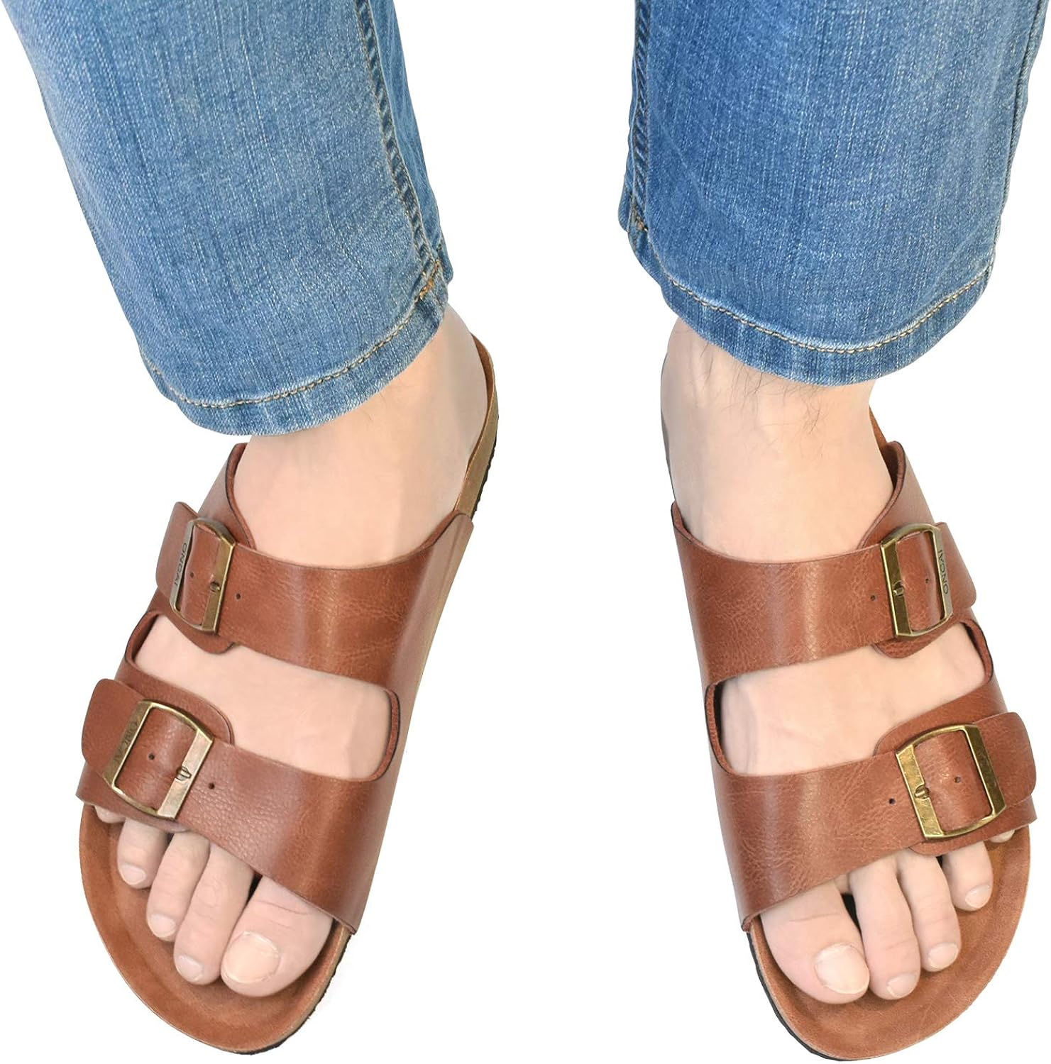  | ONCAI Men's-Slide-Sandals-Beach-Slippers-Arizona Slippers Shoes Indoor and Outdoor Anti-skidding Flat Cork Sandals and Beach Slippers with Two Adjustable Straps | Sandals