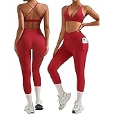 RXRXCOCO 2 Piece Workout Sets for Women Strappy Sports Bra Booty Leggings with Pockets Yoga Gym Outfits