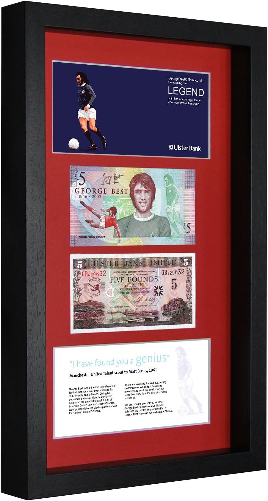 2 Rare Legal Tender George Best New £5 Fiver Banknotes Manchester United 3D Box Frame