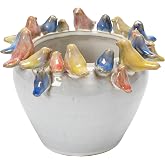 Creative Co-Op Stoneware Planter with Birds on Rim, Reactive Glaze
