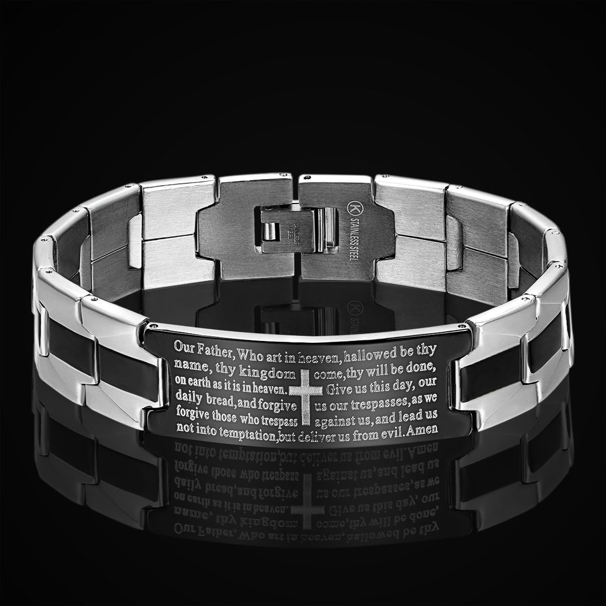 Oidea Mens Classic Stanless Steel Silver and Black Tone English Lord Bible Prayer Bracelet,Fit for 6.5-9.5 Inch Wrist - Image 5