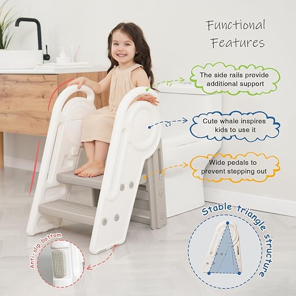 HARWAYA FOLDABLE TODDLER STEP STOOL FOR BATHROOM SINK, ADJUSTABLE KIDS 3 OR 2 STEP STOOL FOR TODDLERS BATHROOM TOILET POTTY, PLASTIC BABY GIRL CHILD STEPPING STOOL WITH HANDLE RAIL FOR KITCHEN COUNTER